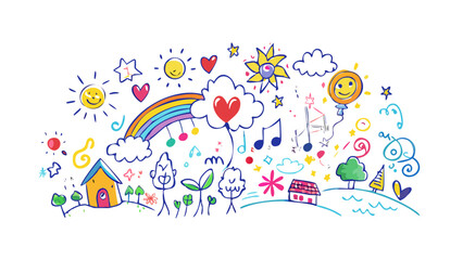 Cheerful doodle landscape with sun and rainbow colorful