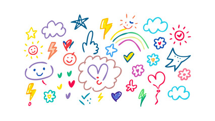 Cheerful doodles of suns clouds hearts and lightning bolts