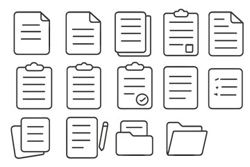 Document icon set. Thin line vector symbols for files, reports, and clipboards. Office and business concept. Page, form, checklist, task, and folder icons for web or app.
