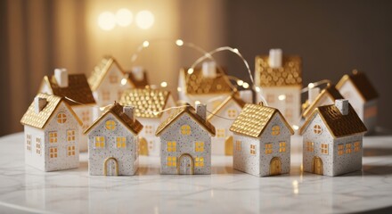 Miniature White and Gold House Models with String Lights on Marble Surface in Warm Lighting
