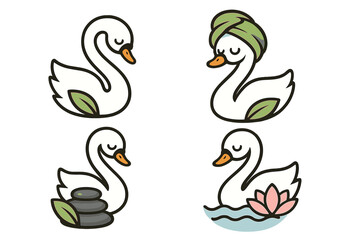 Obraz premium Swan spa mascot logo collection. Cute cartoon bird for beauty salon, wellness center. Vector icon set with leaf, zen stones, towel, lotus. Relaxation, self care concept.