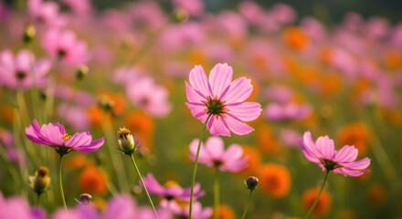 Fototapeta premium Pink Cosmos Flowers Blooming in Bright Sunny Field with Vibrant Colors