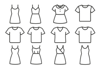 Dresses and T-shirts line icon set. Women's clothes, fashion, apparel, and casual garments collection. Vector outline symbols with editable stroke for web or app design.