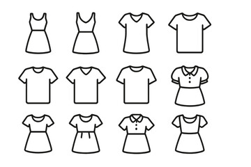 Fashion line icon set with dresses and t-shirts. Vector collection of clothing and apparel symbols. Editable stroke for web, apps, and graphic design. Simple garment outlines.