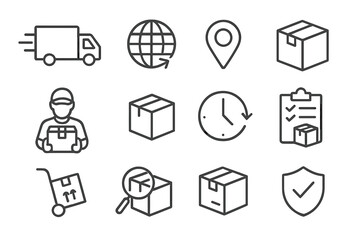 Delivery logistics and shipping line icons collection. Fast delivery truck, parcel tracking, global shipping, courier service, secure package, warehouse, timely shipment vector symbols set collection