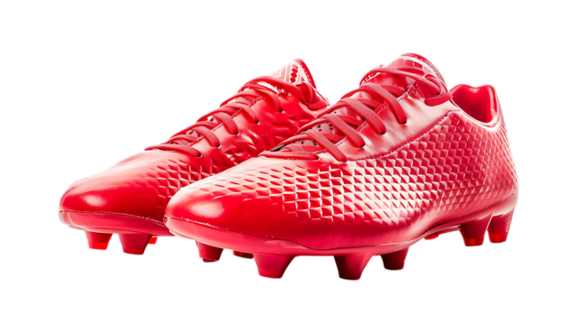 Illustration of pair of red football cleats isolated on transparent background, showcasing their design, spikes, and laces, ideal for sports, games, and athletic performance on the field