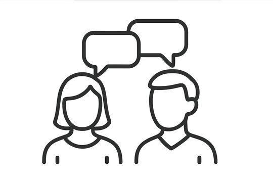 Two faceless people talking icon. Man and woman communication. Minimal linear pictogram. Vector cartoon illustration. Couple conversation concept. Support, advice, discussion.