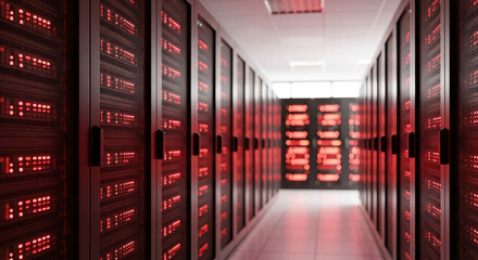 Data center interior with servers array in bright red light. Data center environment houses rows of computer equipment for networking and storage.