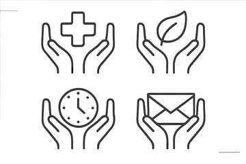 Caring Hands Icon Collection. Healthcare, Nature Ecology, Time Management, Communication and Email Protection Symbols. Editable Stroke Linear Vector Illustration. Perfect for Web, App, Print, Branding