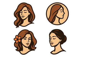 Woman face logo set for beauty salon, spa, cosmetics. Vector girl head collection. Hair style icon. Female character silhouette with flower for wellness and skincare branding.