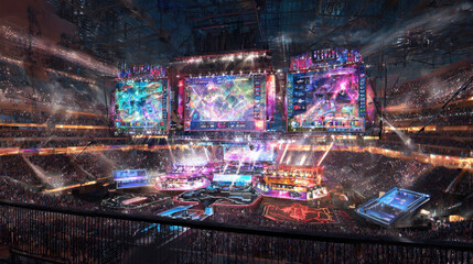 An eSports tournament with live updates of match scores on large LED screens, intense gameplay unfolding in the background, and crowds of spectators immersed in the excitement of competitive gaming.