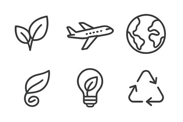 Eco Line Icon Set. Sustainable Environment, Leaves, Airplane, Earth Globe, Lightbulb, Recycling, Nature Conservation, Green Energy, Zero Waste, Outline Vector for Apps, Web, Print, Advertising