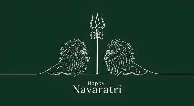 Happy navaratri greeting card design with a lion and trishula sketch a concept for hindu festival celebration culture tradition spirituality and divine power