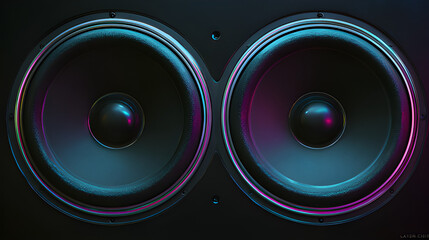 Audio loudspeaker with glitch chromatic aberration effect vibrant streaks of color,  neon pink, purple, and green. Stage speakers wall neon Bluetooth Speaker audio visualizer concert studio amplifier