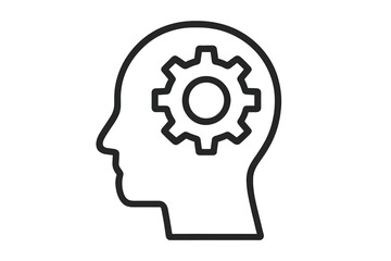 Gear in head outline icon. Thinking process, mental work, brainstorming concept. Human mind, intellect, creativity symbol. Strategic planning and problem-solving idea.