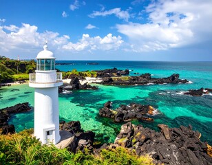 Fantastic emerald sea of South Korea's Jeju island and amazing white lighthouse,  AI Generated image