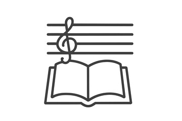Open book with musical staff and treble clef icon, modern outline style vector illustration for design, cards, apps, social networks, education, music concept, transparent background