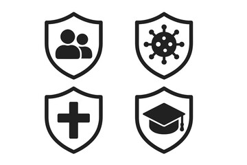 Insurance protection and safety icon set. Shield symbols for healthcare, medical, virus, people, education, insurance, security, risk management. Flat vector design for web, print, infographic use