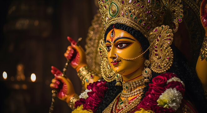 Beautiful statue of the hindu goddess durga for navaratri and durga puja festival a concept for worship religion culture tradition and spiritual art