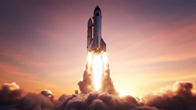 A rocket ship blasts off surrounded by smoke and set against a pink and orange sky