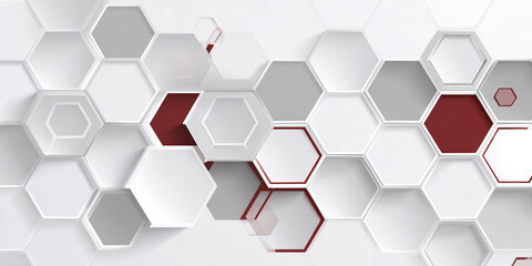 White grey and red hexagons arranged in a geometric pattern with depth and shadow.
