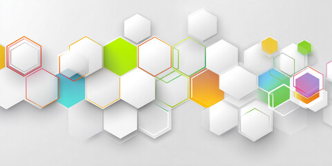A pattern of white and colorful hexagons with thin outlines on a light gray background.