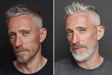 Studio portraits of a mature man with gray hair and beard, showcasing the difference before and after dyeing