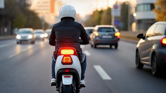 Electric Scooter Riding Along Busy City Street at Sunset