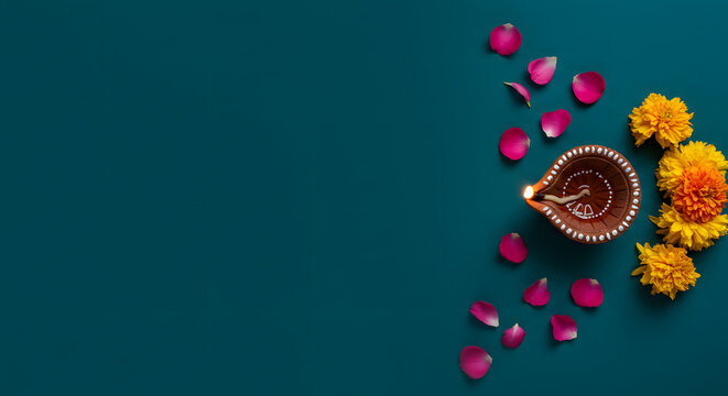 Hindu festival flat lay with a lit diya lamp and flower petal a concept for diwali celebration worship culture and spiritual tradition