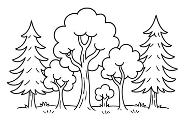 Forest trees line art illustration. Hand drawn cartoon doodle of pine, fir and wood. Natural park landscape for coloring book page. Eco, environment concept graphic element.