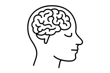 Human head profile with brain inside. Line art icon for psychology, intelligence, and mental health concepts. Vector illustration of thinking, mind, knowledge, and creativity.