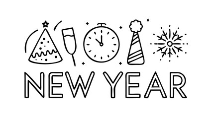 Festive New Year Celebration Icons fireworks clock