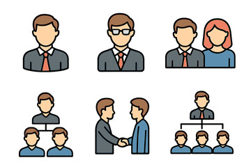 Related Icon Set with People, Employer, Couple, and Hierarchy Icons for Graphic Design, Websites, Business Cards, Books, Articles, and Vector Cartoon Illustrations