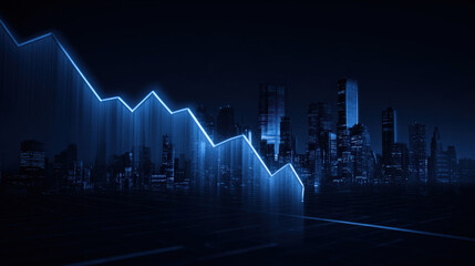 blue downward trend line overshadowing faint city skyline silhouette economic recession visualization illustration concept scene visual for commercial design use high detail quality stock image