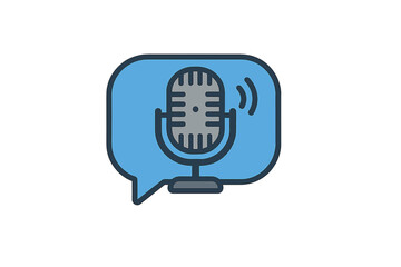 Podcast microphone icon in speech bubble. Live broadcast, audio streaming, and radio show concept. Voice recording and communication symbol. Vector cartoon illustration for logo.