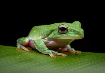 Obraz premium Exotic green tree frog portrait resting atop lush foliage, focused details