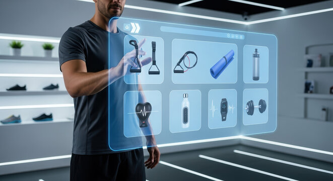 Person interacts with digital interface in fitness center choosing equipment for training, using augmented reality. Digital interface shows options, equipment displayed on glowing touch screen.