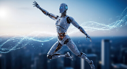Cyborg in action with futuristic blue lights running above city, showcasing technological advances. Robot cyborg sprints forward, displaying speed, agility, and modern advancements in engineering.
