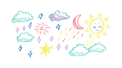 Hand drawn crayon weather elements moon clouds