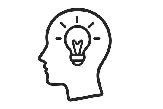 Light bulb in human head icon. Symbol of creativity, innovative idea, mind, thinking. Brainstorming, solution, and knowledge sign. Psychology, learning, and intelligence.