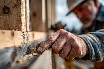 Carpenter cleaning wooden frame using chisel, removing excess sealant during construction work