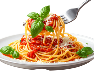 Close-Up Focus on Spaghetti Twirl with Sauce and Basil Leaf, Artistic Food Composition, Isolated PNG