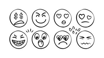Hand drawn emoji faces with different expressions illustration