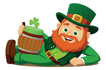 A cheerful leprechaun with a beer barrel