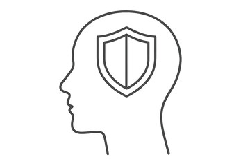 Mental health protection concept. Head with a shield for psychological safety, resilience, and wellbeing. Strong mind and defense mechanism metaphor for inner security and peace of mind.