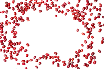 The High-resolution photo of red bean seeds, piled and scattered on the ground.