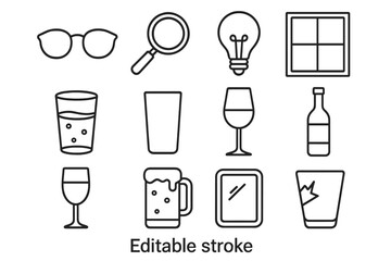 Glass Symbols Thin Line Icons Set. Editable Stroke. Glasses, Magnifier, Light Bulb, Window, Drinkware, Beer, Mirror, Wineglass, Bottle, Broken Glass. Vector Illustration Collection