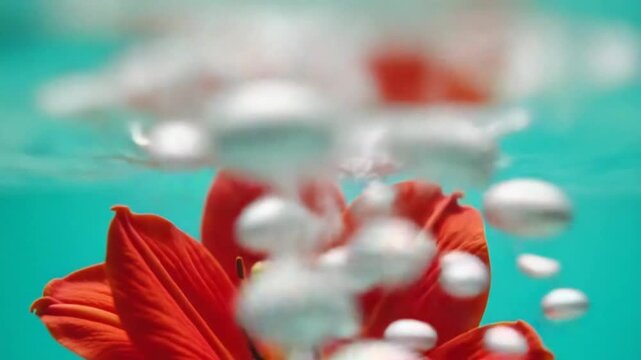 Close up of red lily flower with bright sof petals plunged underwater. Stock footage. Beautiful blooming flower turned upside down isolated on turquoise background.