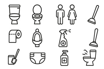 Bathroom and Toilet Thin Line Icon Collection. Editable Stroke Toilet, Urinal, Gender Symbols, Plunger, Cleaning Supplies, Toilet Paper, Soap, Diaper. Perfect for Web, Apps, Cards, Vector Set