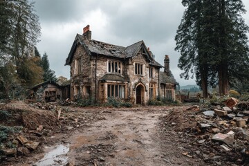 Obraz premium Crumbling stone house stands amidst debris and overgrowth, a testament to time and decay under a cloudy sky